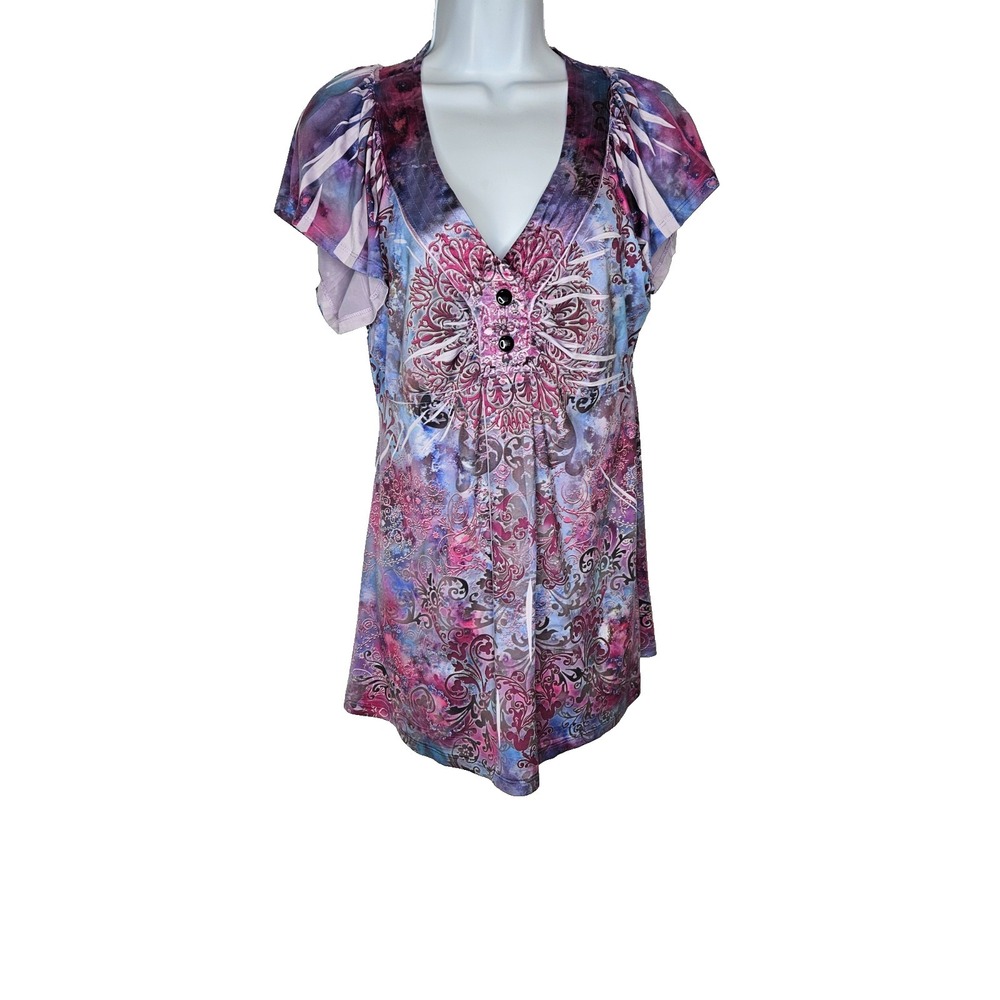 Energe World Wear Top Medium Peasant Blouse Ruched 3/4 Sleeve Paisley Boho